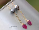 Solid Gold 14K Rubellite Pink Tourmaline and Tahitian Pearl Earrings, One of a Kind