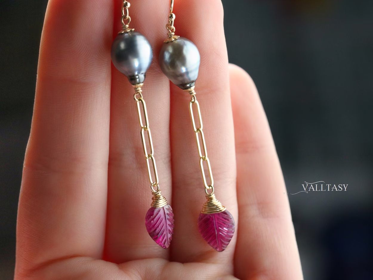Solid Gold 14K Rubellite Pink Tourmaline and Tahitian Pearl Earrings, One of a Kind