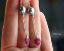 Solid Gold 14K Rubellite Pink Tourmaline and Tahitian Pearl Earrings, One of a Kind