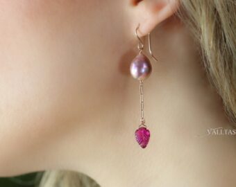 Solid Rose Gold 14K Rubellite Pink Tourmaline and Pink Edison Pearl Earrings, One of a Kind