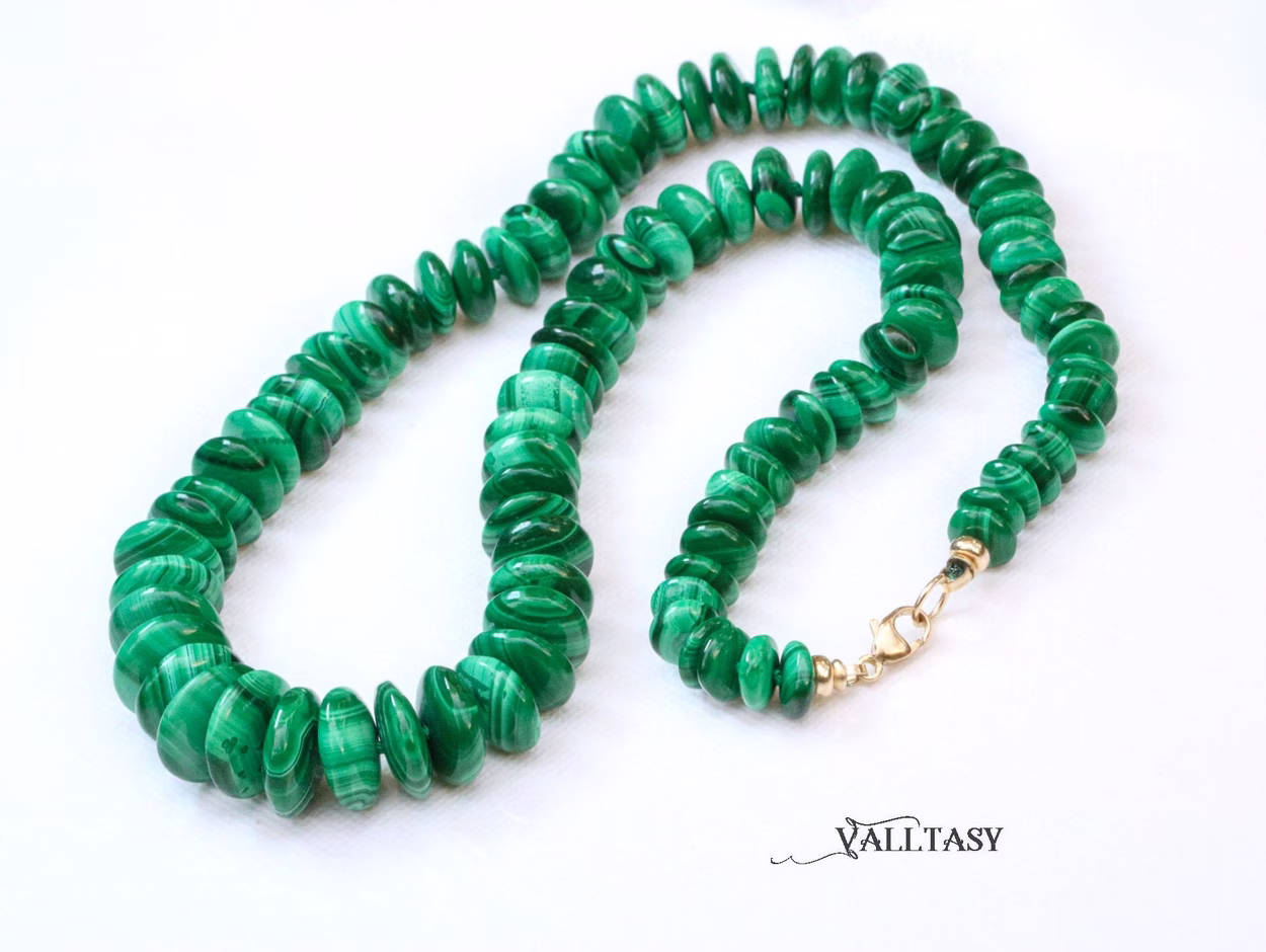 Solid Gold 14K Malachite Silk Knotted Gemstone Necklace, One of a Kind