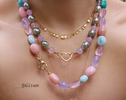 Solid Gold 14K Silk Knotted Pastel Multi Gemstone Statement Necklace, One of a Kind