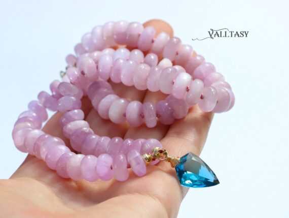 Solid Gold 14K Silk Knotted Pink Kunzite Necklace with London Blue Topaz, One of a Kind