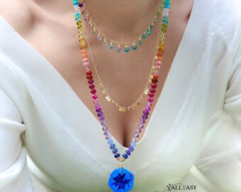 Solid Gold 14K Silk Knotted Rainbow Multi Gemstone Necklace with Azurite Geode, One of a Kind