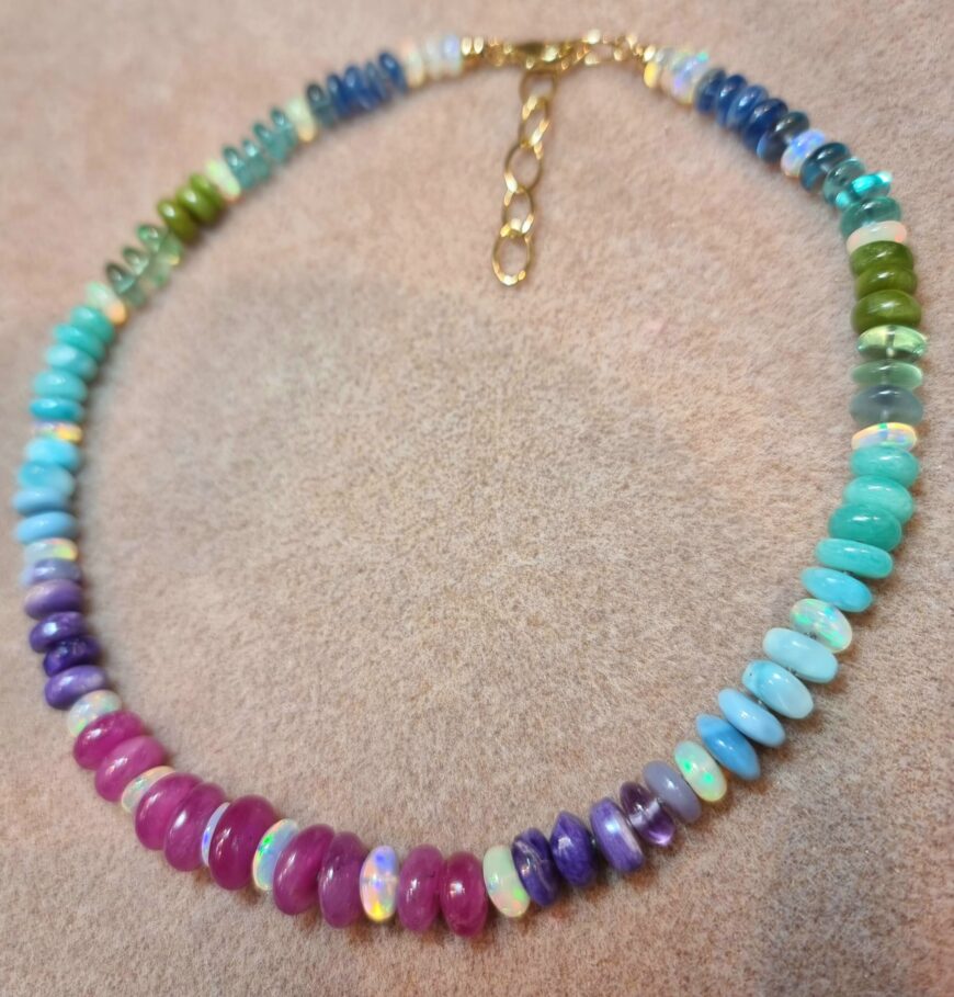 Multi Gemstone Choker Necklace, Silk Knotted, Solid Gold 14K