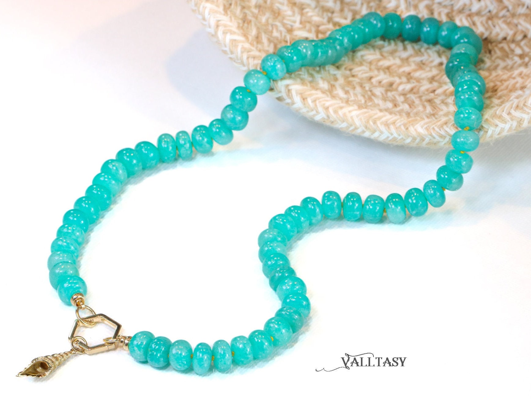 Solid Gold 14K Silk Knotted Amazonite Necklace with a Shell Charm ...
