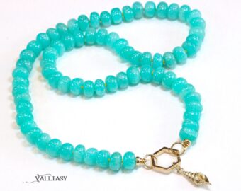 Solid Gold 14K Silk Knotted Amazonite Necklace with a Shell Charm