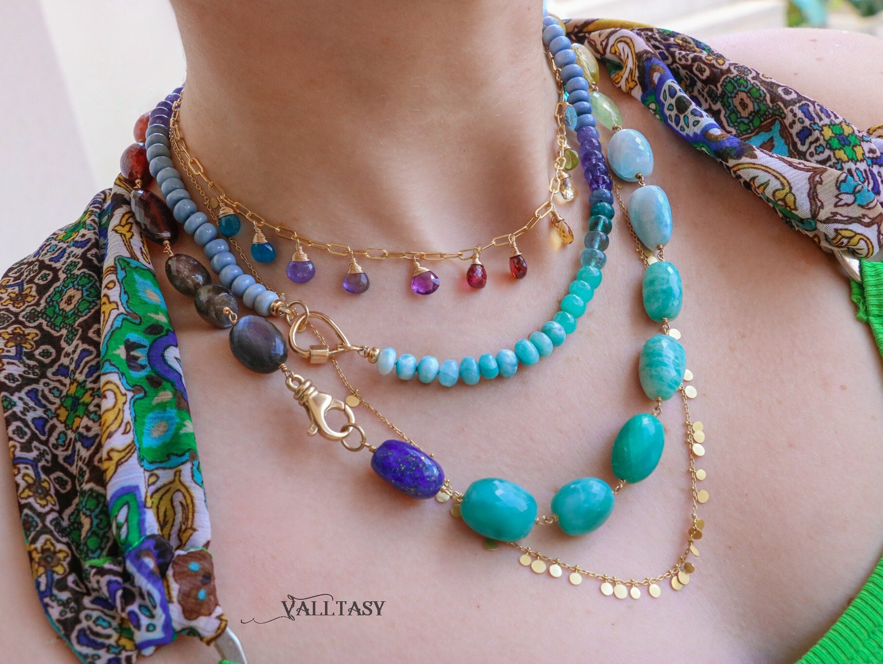 Solid Gold 14K Colorful Nugget Necklace, Gemmy Necklace, Statement Necklace with Large Gemstones, One of a Kind