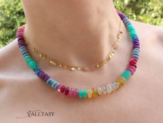 Solid Gold 14K Multi Gemstone Silk Knotted Heishi Gemstone Necklace, One of a Kind
