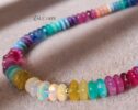 Solid Gold 14K Multi Gemstone Silk Knotted Heishi Gemstone Necklace, One of a Kind