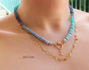 Solid Gold 14K Silk Knotted Blue Opal Necklace, Amazonite and Larimar Necklace