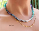 Solid Gold 14K Silk Knotted Blue Opal Necklace, Amazonite and Larimar Necklace