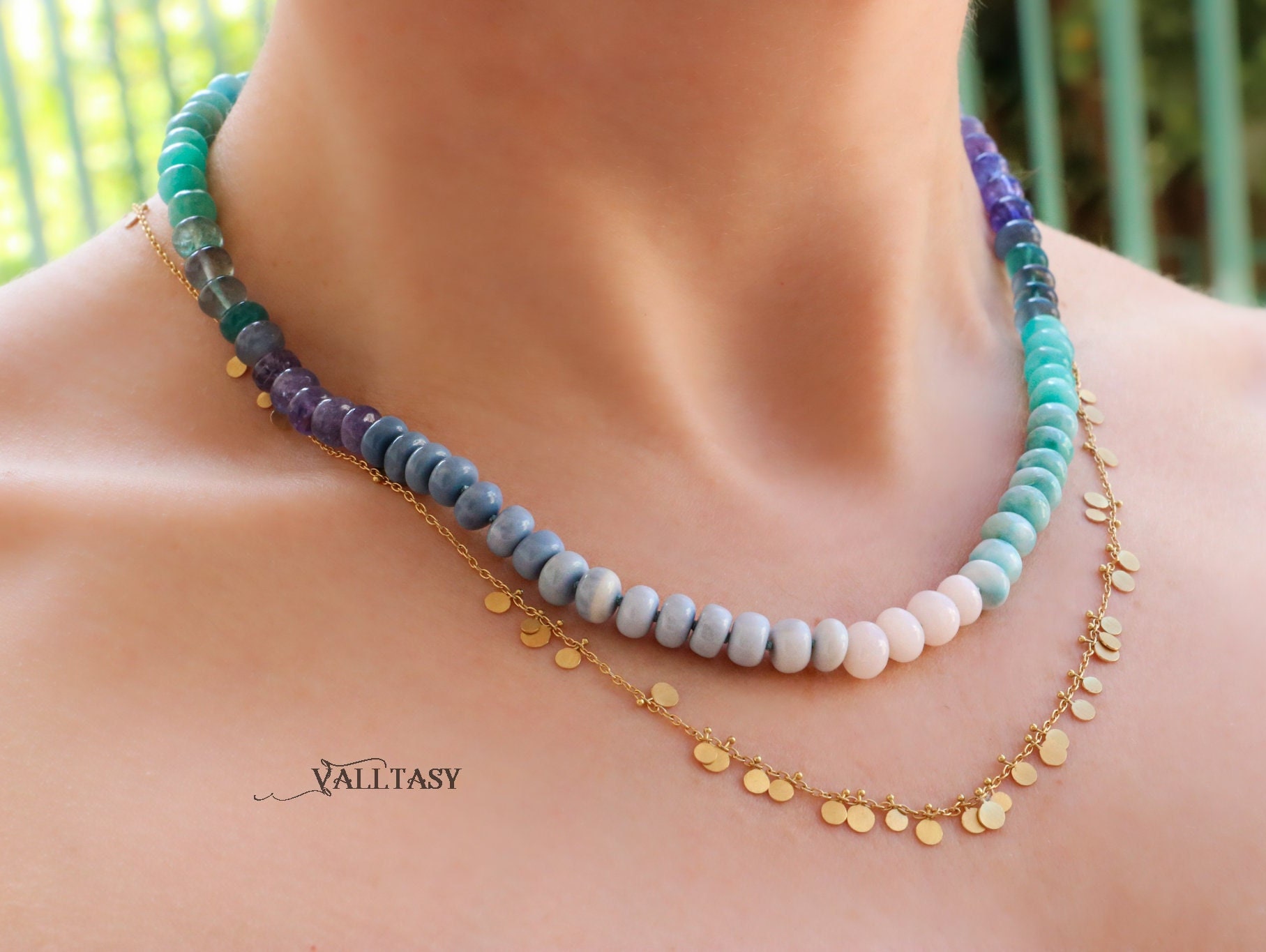 Solid Gold 14K Silk Knotted Blue Opal Necklace, Amazonite and Larimar Necklace