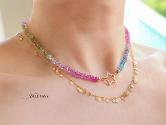 Solid Gold 14K Silk Knotted Multi Sapphire Necklace