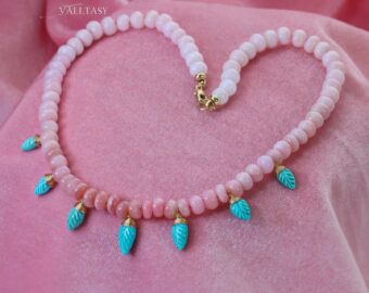 Solid Gold 14K Silk Knotted Pink Opal and Sleeping Beauty Turquoise Necklace, One of a Kind