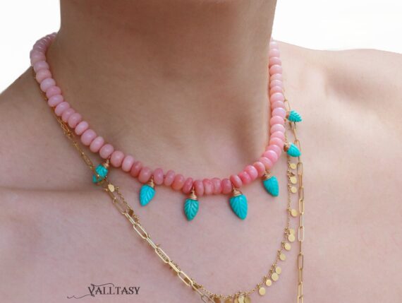 Solid Gold 14K Silk Knotted Pink Opal and Sleeping Beauty Turquoise Necklace, One of a Kind