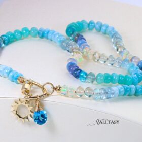 The Sun and Ocean Necklace – Solid Gold 14K Silk Knotted Topaz, Larimar, Aquamarine and Opal Necklace