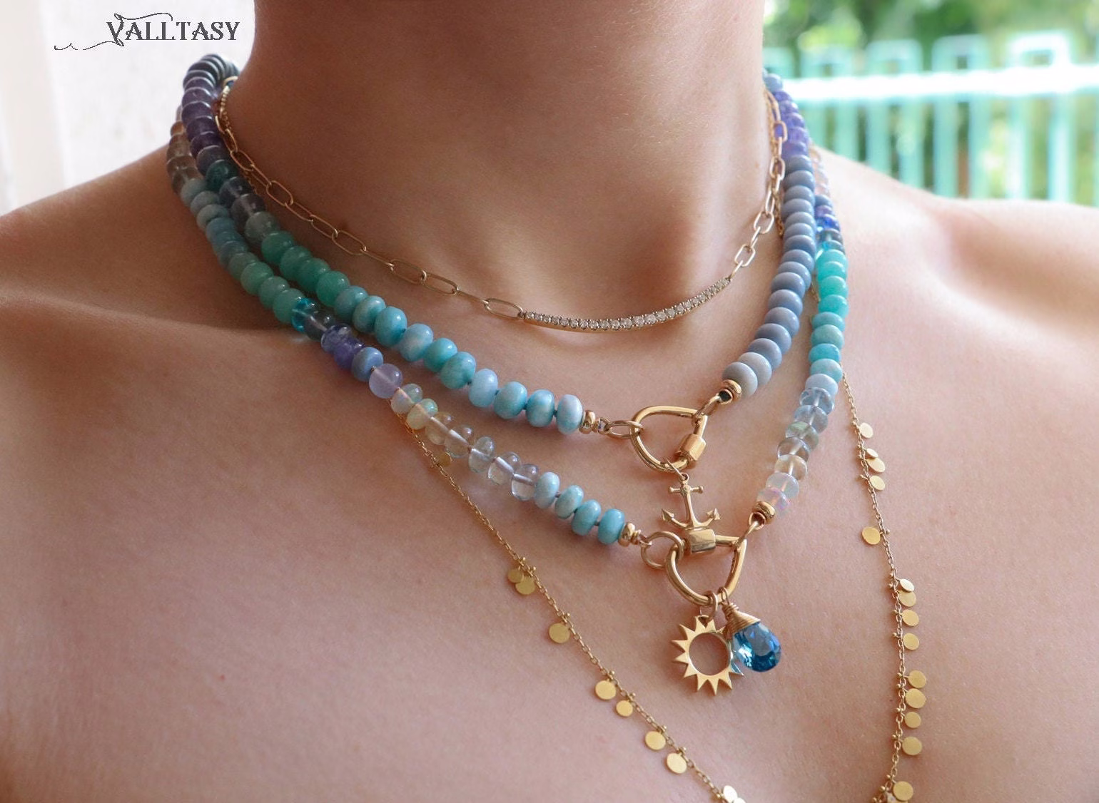 - Solid Gold 14K Silk Knotted Topaz, Larimar, Aquamarine and Opal Necklace