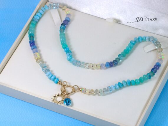 Solid Gold 14K Silk Knotted Topaz, Larimar, Aquamarine and Opal Necklace
