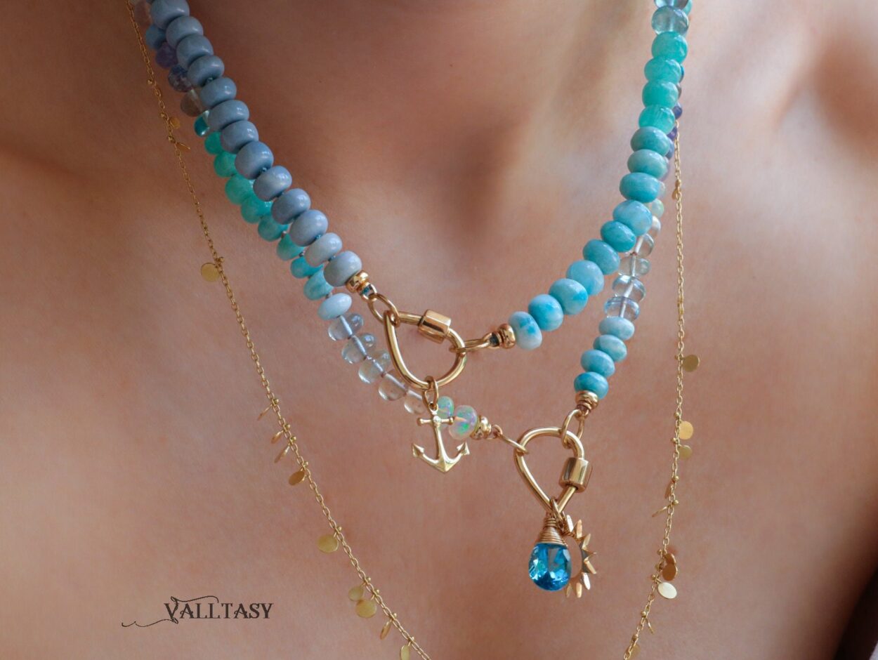 Solid Gold 14K Silk Knotted Topaz, Larimar, Aquamarine and Opal Necklace -  Valltasy