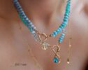 Solid Gold 14K Silk Knotted Topaz, Larimar, Aquamarine and Opal Necklace