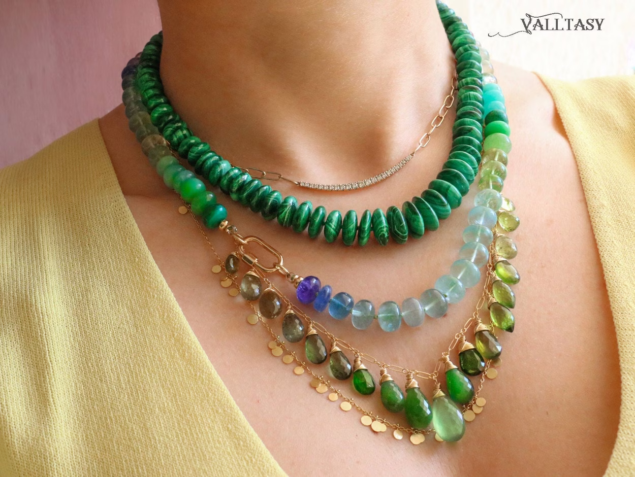 Solid Gold 14K Malachite Silk Knotted Gemstone Necklace, One of a Kind