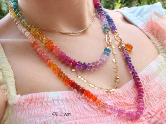 Solid Gold 14K Silk Knotted Multi Gemstone Necklace, Long Versatile Necklace