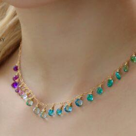 Where the Ocean Ends Necklace – Solid Gold 14K Aqua Blue Purple Gemstone Drop Necklace, Statement Semi Precious Stone Necklace