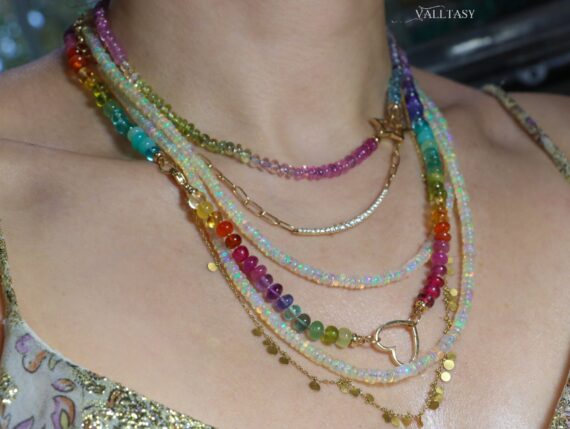 Solid Gold 14K Ethiopian Opal Multi Wrap Bracelet Necklace, Multi Layered Necklace, Long Beaded Necklace