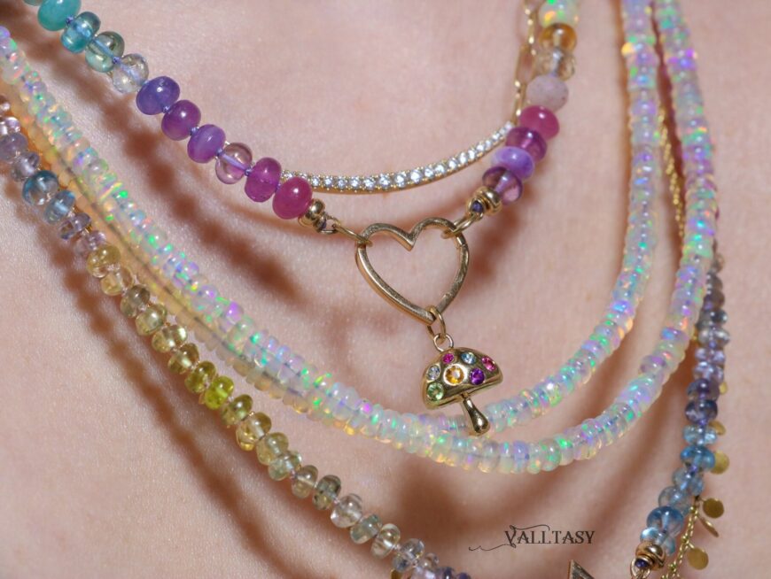 Solid Gold 14K Ethiopian Opal Multi Wrap Bracelet Necklace, Multi Layered Necklace, Long Beaded Necklace