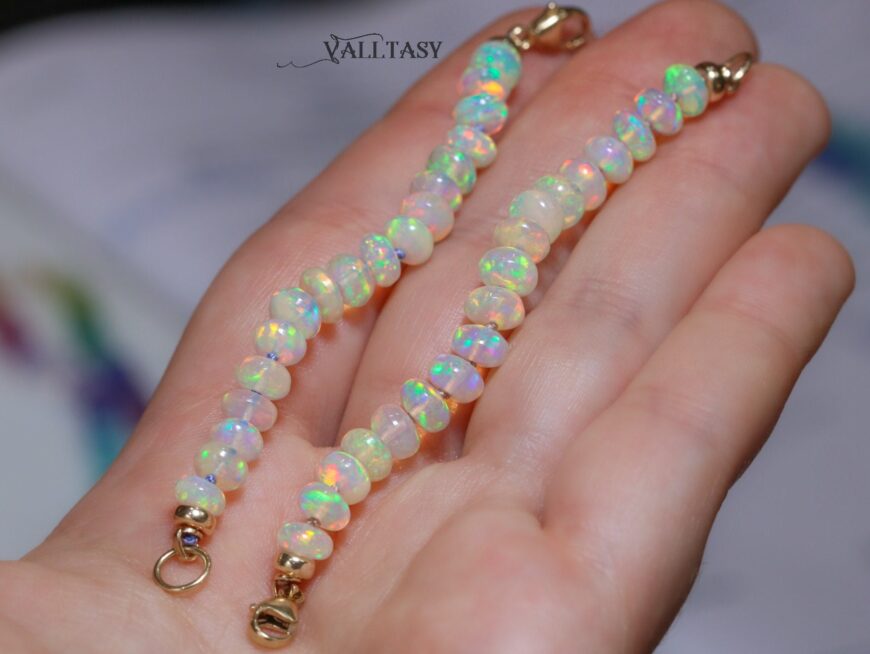 Solid Gold 14K Silk Knotted Ethiopian Opal Bracelet, Two Opal Halves Bracelet
