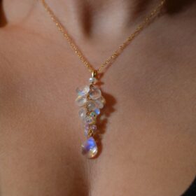 The First Snow Necklace – Rainbow Moonstone and Welo Ethiopian Opal Pendant, Cascade Statement Necklace