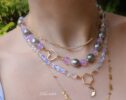Solid Gold 14K Silk Knotted Rainbow Moonstone Necklace with a Crescent Charm