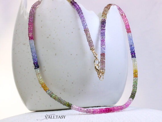 Vibrant Multi Sapphire Necklace in 14K Solid Gold, Genuine Multi Sapphire Beaded Necklace