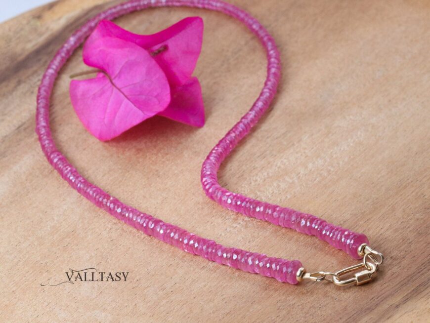 Vibrant Pink Sapphire Necklace in 14K Solid Gold, Genuine Pink Sapphire Beaded Necklace