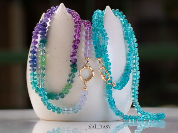 Solid Gold 14K Silk Knotted Aqua Blue Purple Multi Gemstone Necklace