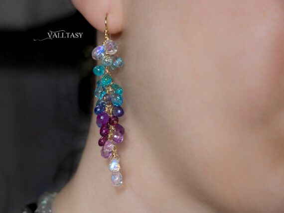 Multi Stone Semi Precious Long Gemstone Earrings, Long Drop Cluster Earrings