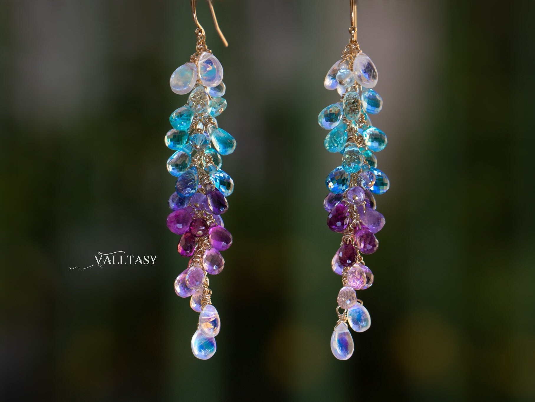 - Solid Gold 14K Multi Stone Semi Precious Long Gemstone Earrings, Long Drop Cluster Earrings