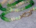 Solid Gold 14K Silk Knotted Emerald Green Tsavorite and Ethiopian Opal Gemstone Necklace