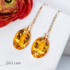 The Sunlight Earrings – Solid Gold 14K Diamond Oval Madeira Citrine Earrings, Genuine Natural Citrine Earrings