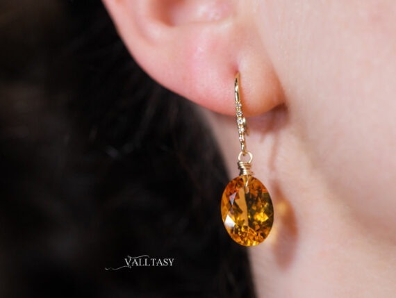 Solid Gold 14K Diamond Oval Madeira Citrine Earrings, Genuine Natural Citrine Earrings