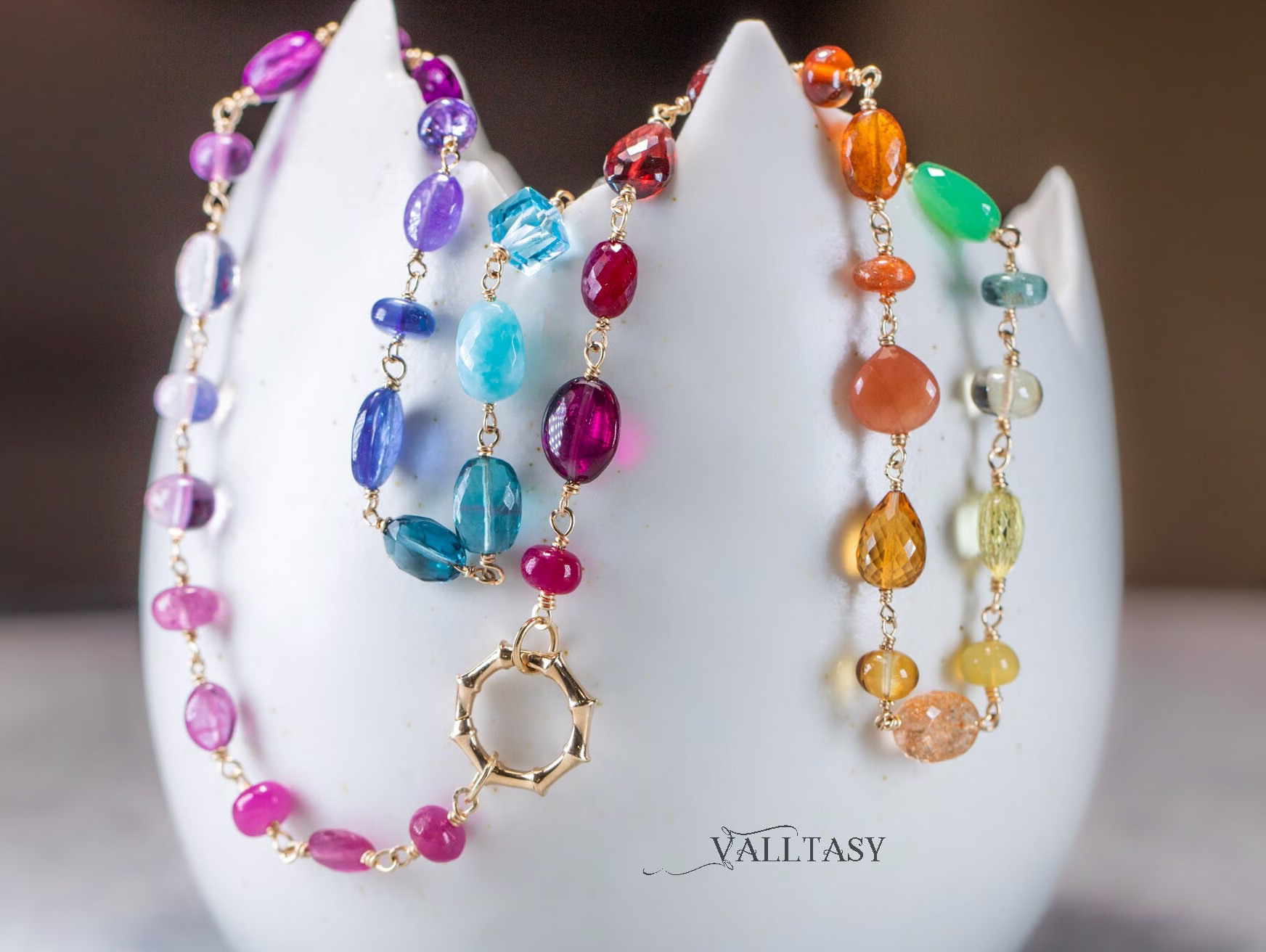 - Solid Gold 14K Rainbow Necklace Wire Wrapped in Gold, Gemmy Necklace, Colorful Multi Stone Fancy Shaped Necklace