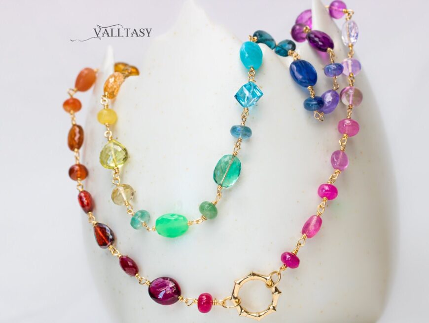 Solid Gold 14K Rainbow Necklace Wire Wrapped in Gold, Gemmy Necklace, Colorful Multi Stone Fancy Shaped Necklace
