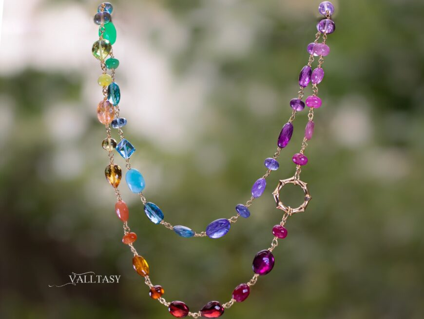 Solid Gold 14K Rainbow Necklace Wire Wrapped in Gold, Gemmy Necklace, Colorful Multi Stone Fancy Shaped Necklace