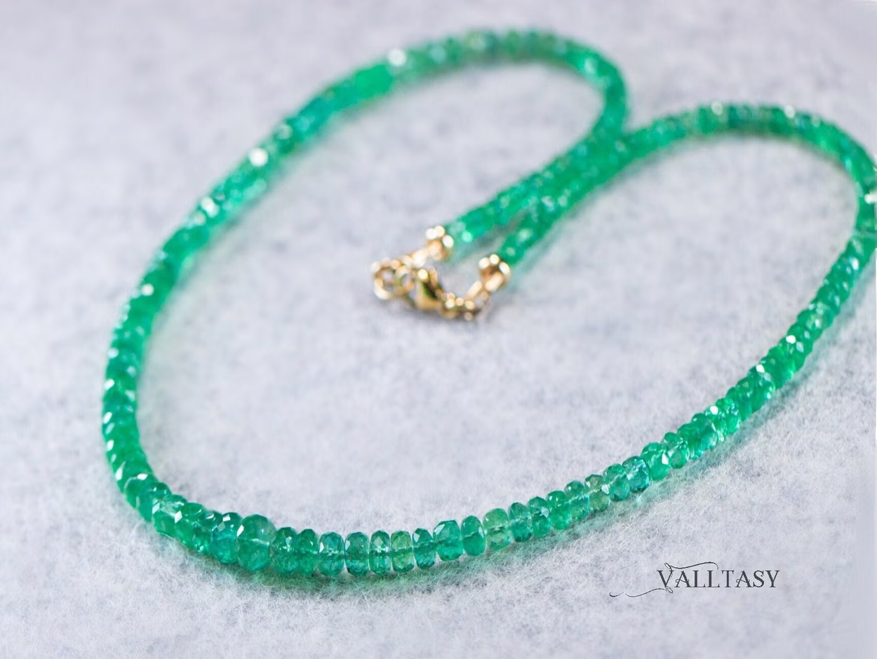- 14K Solid Gold Emerald Beaded Necklace, Genuine Zambian Emerald Gemstone Necklace