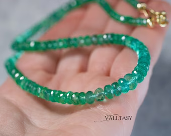 - 14K Solid Gold Emerald Beaded Necklace, Genuine Zambian Emerald Gemstone Necklace