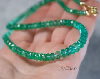14K Solid Gold Emerald Beaded Necklace, Genuine Zambian Emerald Gemstone Necklace