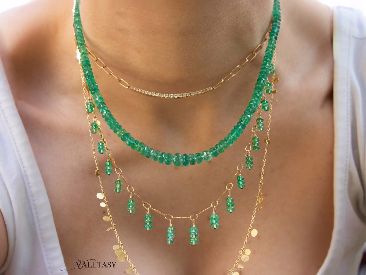 - 14K Solid Gold Emerald Beaded Necklace, Genuine Zambian Emerald Gemstone Necklace