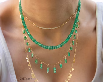 - 14K Solid Gold Emerald Beaded Necklace, Genuine Zambian Emerald Gemstone Necklace