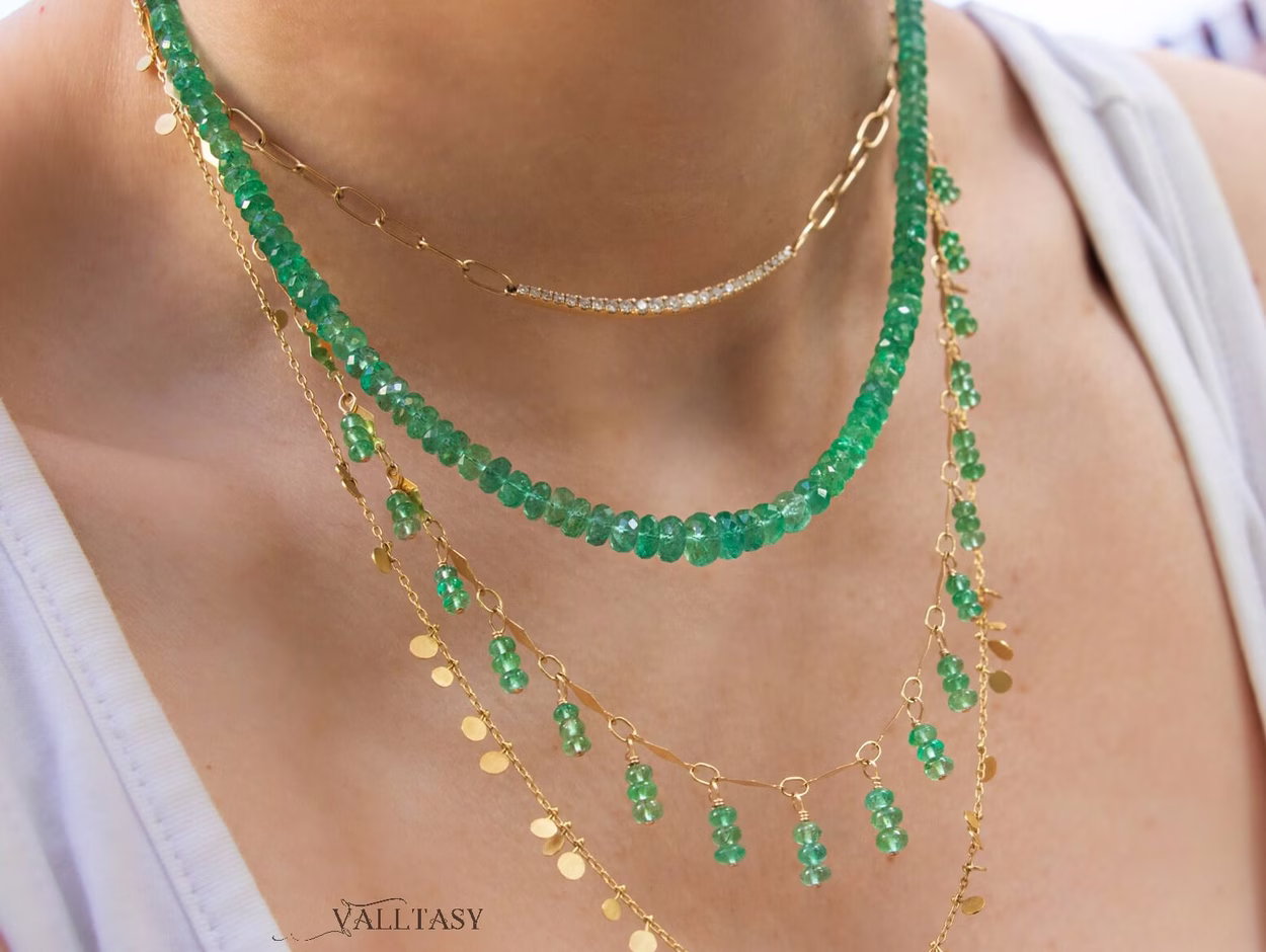 - 14K Solid Gold Emerald Beaded Necklace, Genuine Zambian Emerald Gemstone Necklace